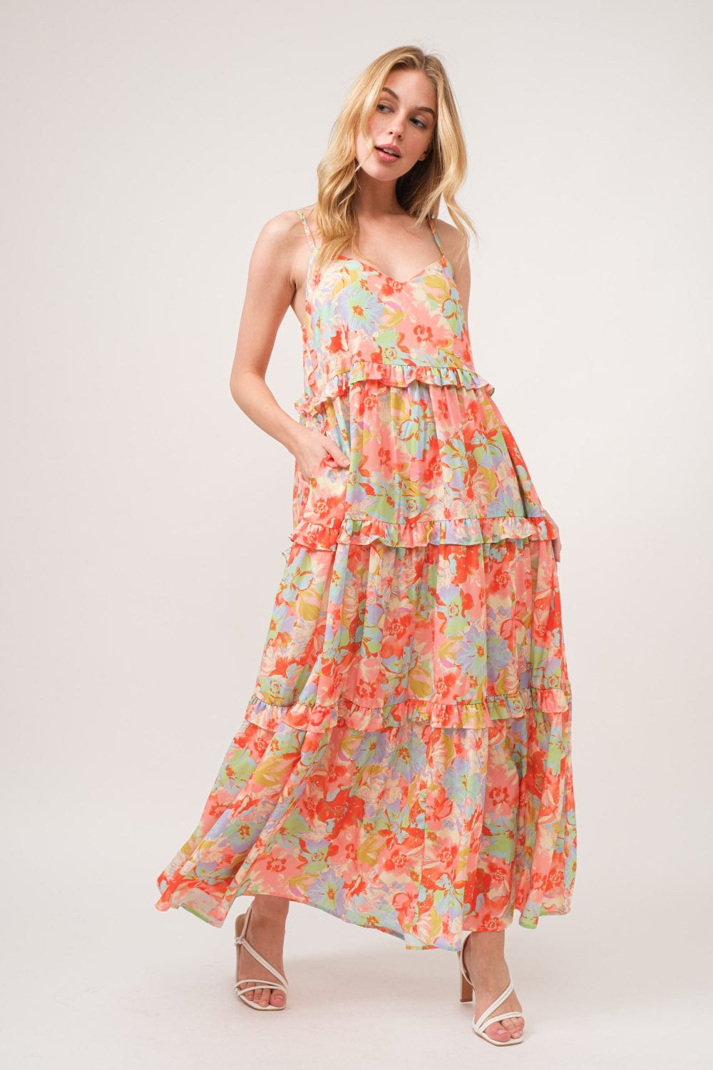 Light Gray And The Why Floral Ruffled Tiered Maxi Adjustable Strap Cami Dress