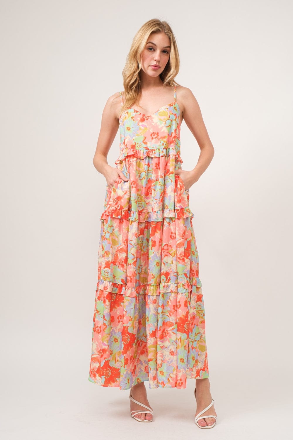 Light Gray And The Why Floral Ruffled Tiered Maxi Adjustable Strap Cami Dress