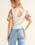 Antique White And The Why Full Size Floral Print Textured Sleeve Knit Top