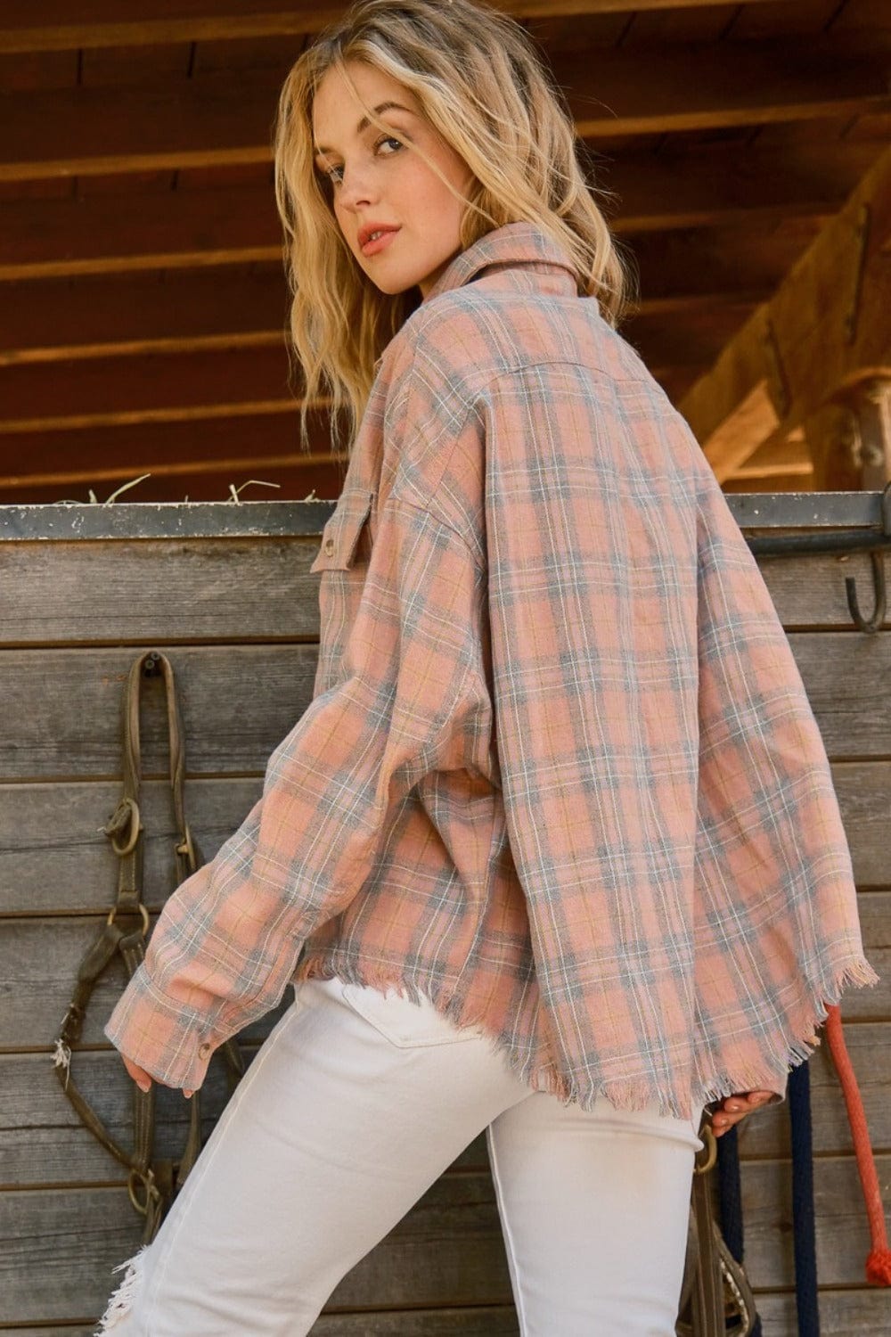 Rosy Brown And The Why Full Size Plaid Button Up Raw Hem Shirt