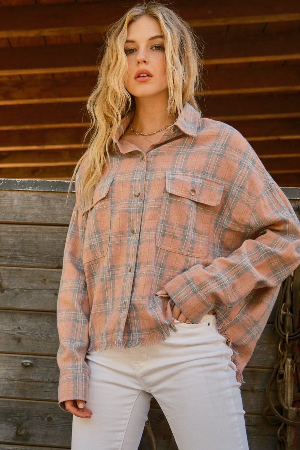 Rosy Brown And The Why Full Size Plaid Button Up Raw Hem Shirt