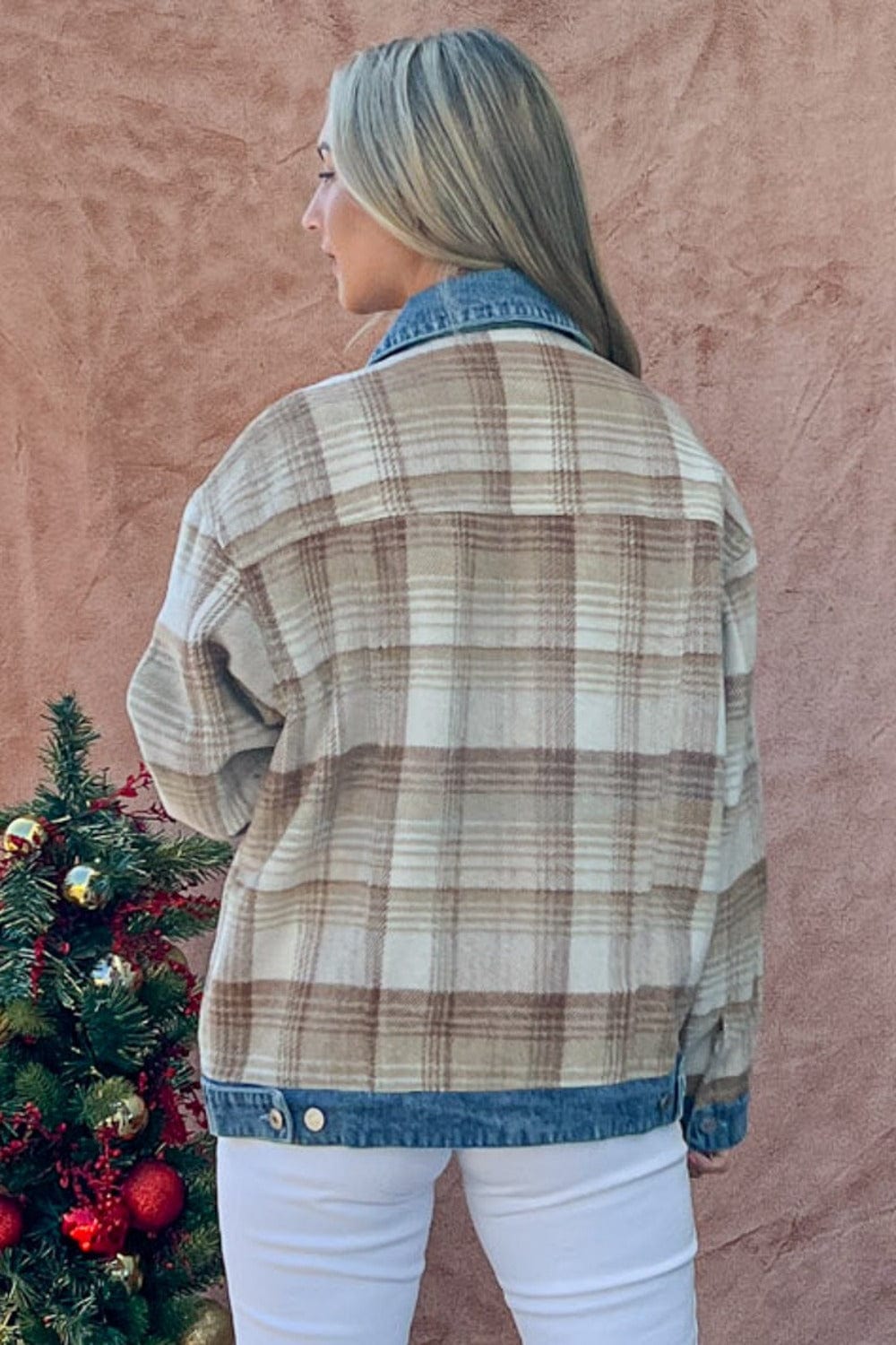 Rosy Brown And The Why Full Size Washed Denim Detail Brushed Plaid Jacket