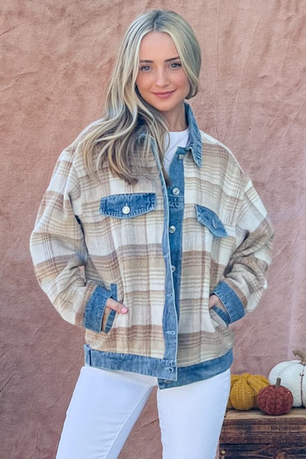 Rosy Brown And The Why Full Size Washed Denim Detail Brushed Plaid Jacket