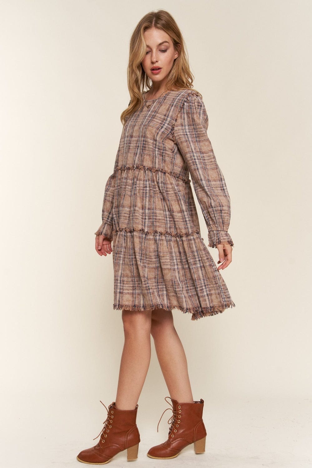 Light Gray And The Why Full Size Washed Frayed Tiered Plaid Dress