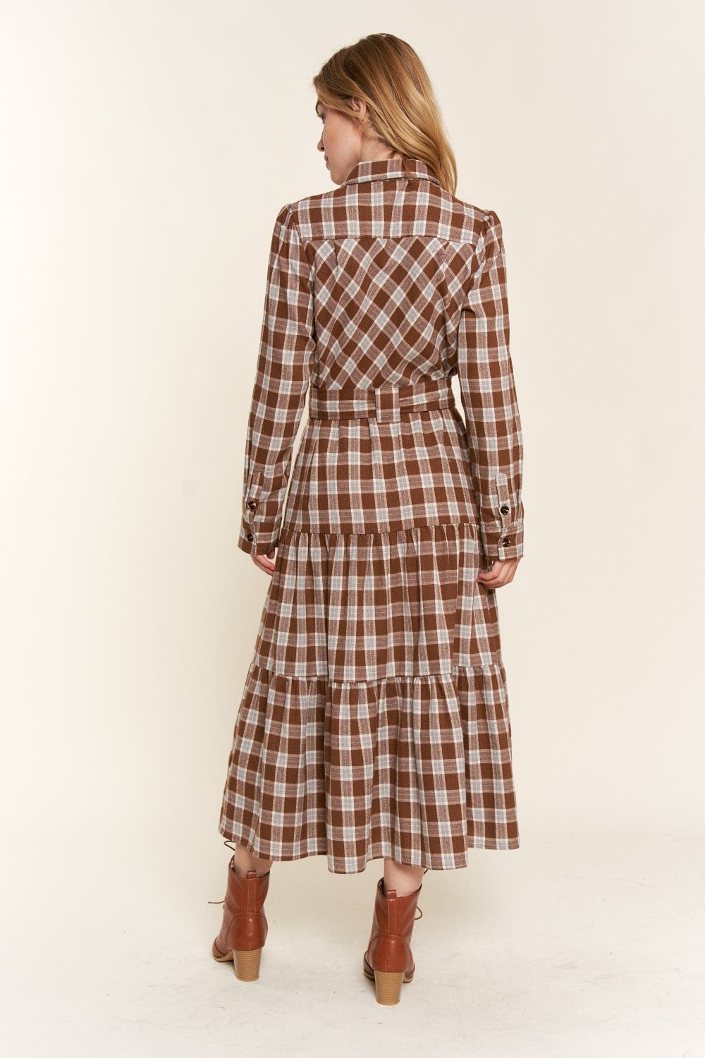 Antique White And the Why Plaid Tiered Midi Shirt Dress