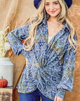 And The Why Print Twist Knot Long Sleeve Blouse