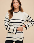 Annie Wear Side Slit Striped Round Neck Sweater