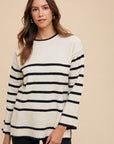 Annie Wear Side Slit Striped Round Neck Sweater