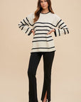 Annie Wear Side Slit Striped Round Neck Sweater