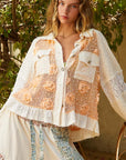 POL Eyelet Flower Pearl Detail Lace Patchwork Shirt