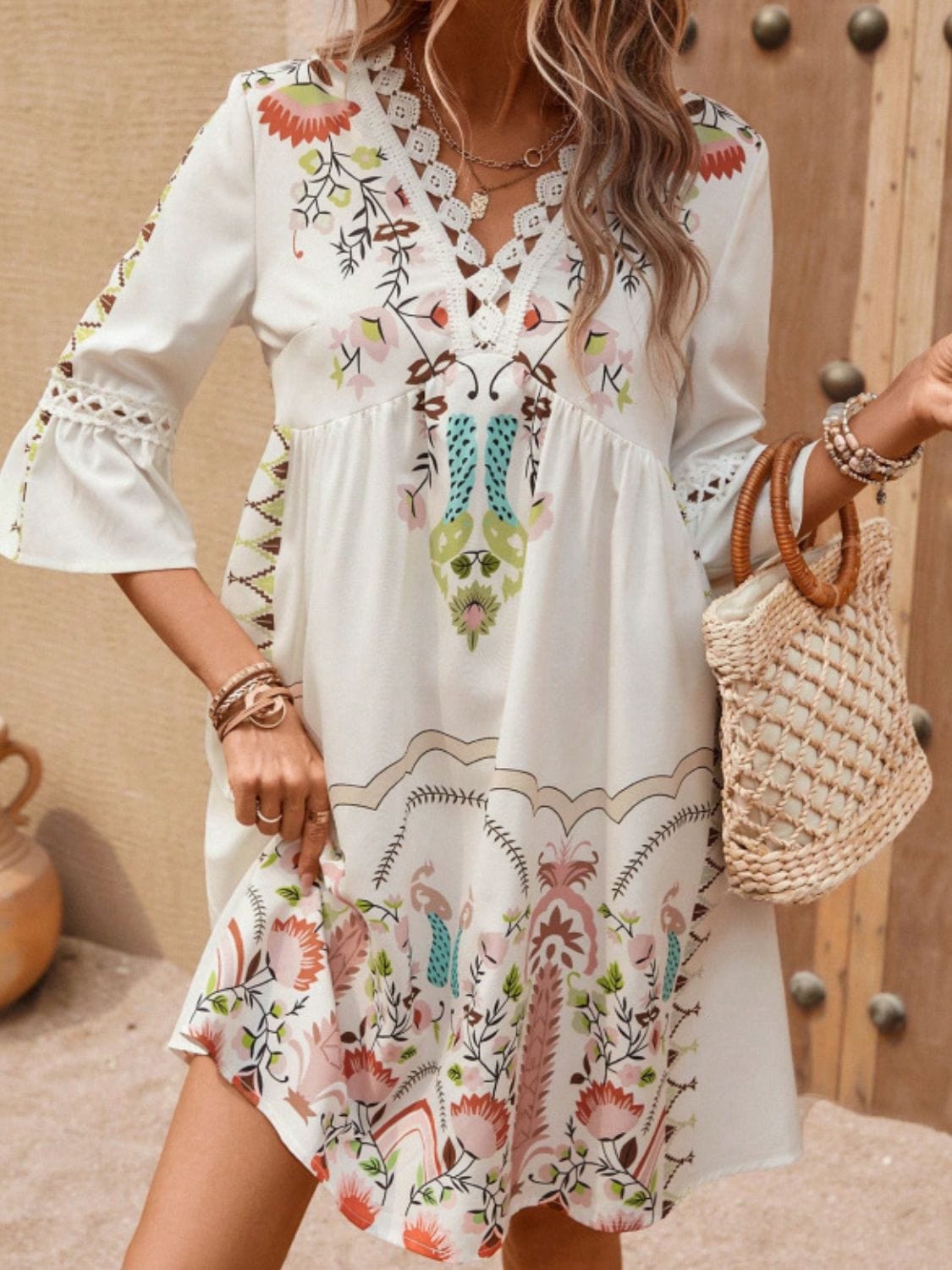 Rosy Brown Lace Detail Printed Three-Quarter Sleeve Dress