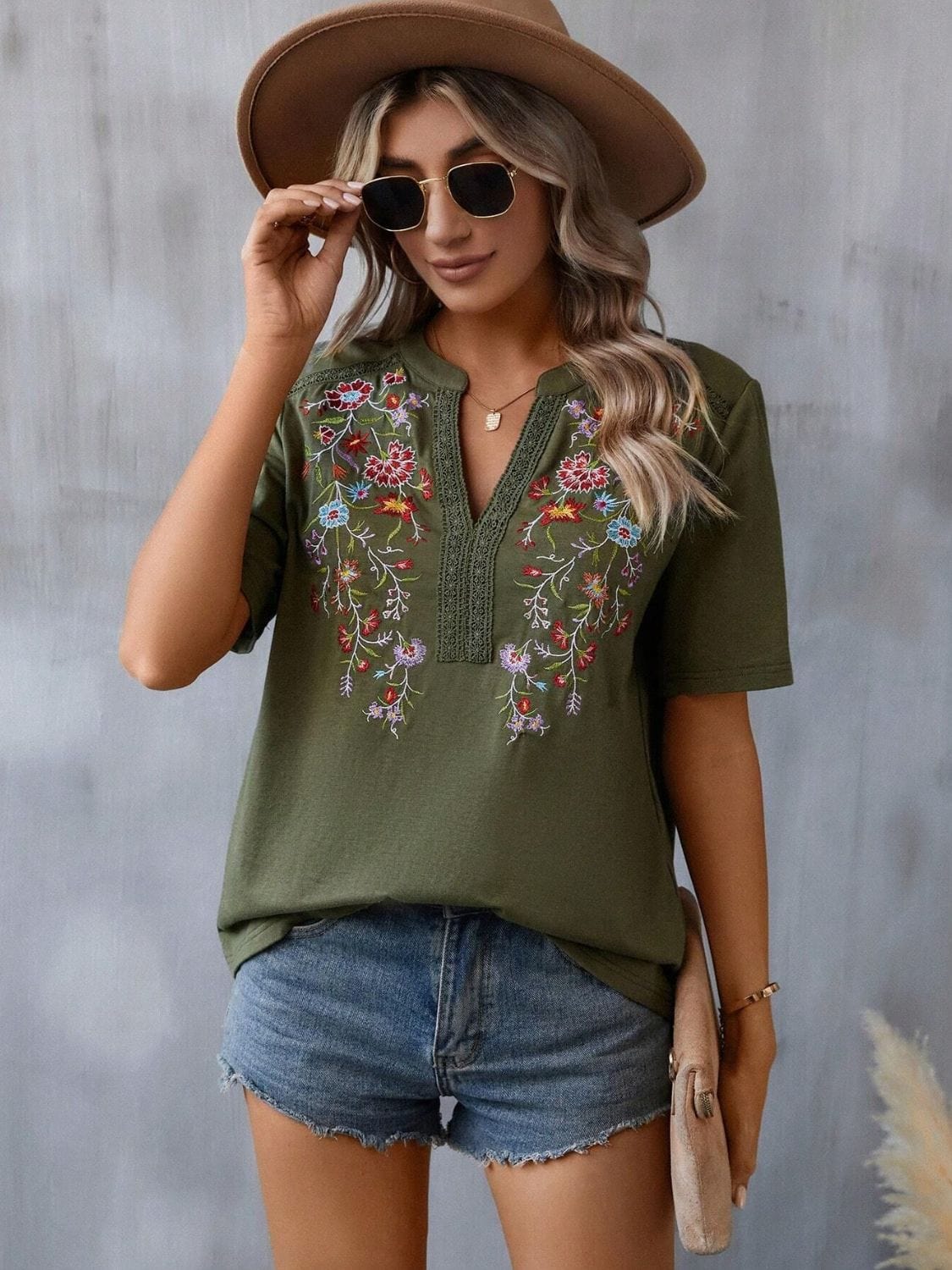 Light Slate Gray Embroidered Notched Short Sleeve T-Shirt