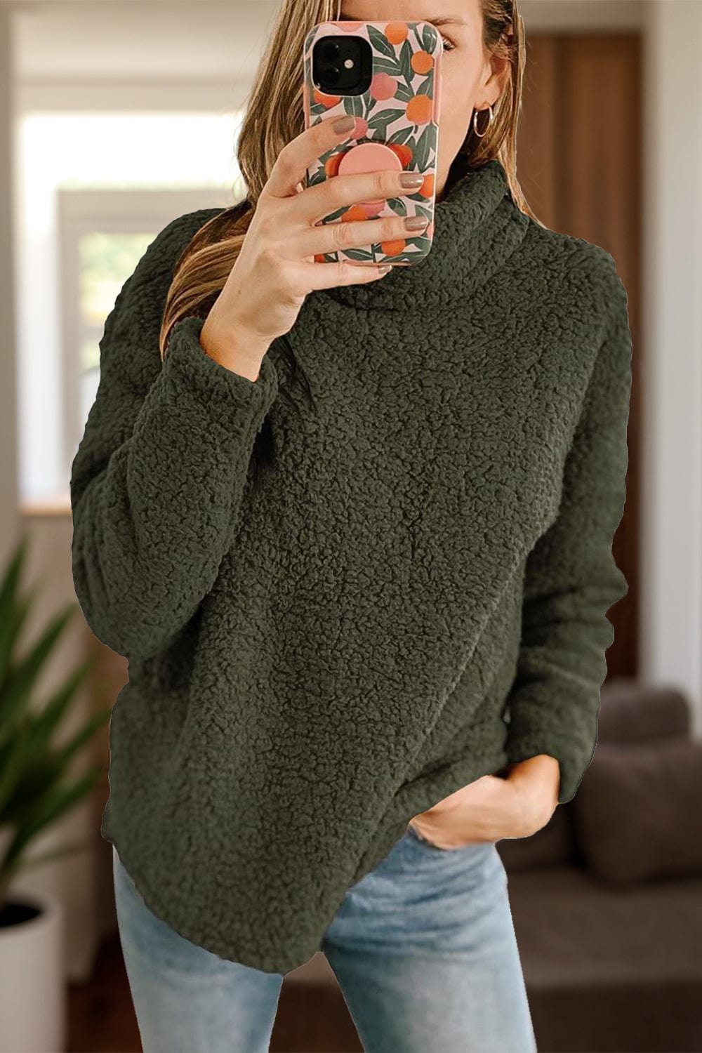 Fuzzy Turtleneck Long Sleeve Sweatshirt