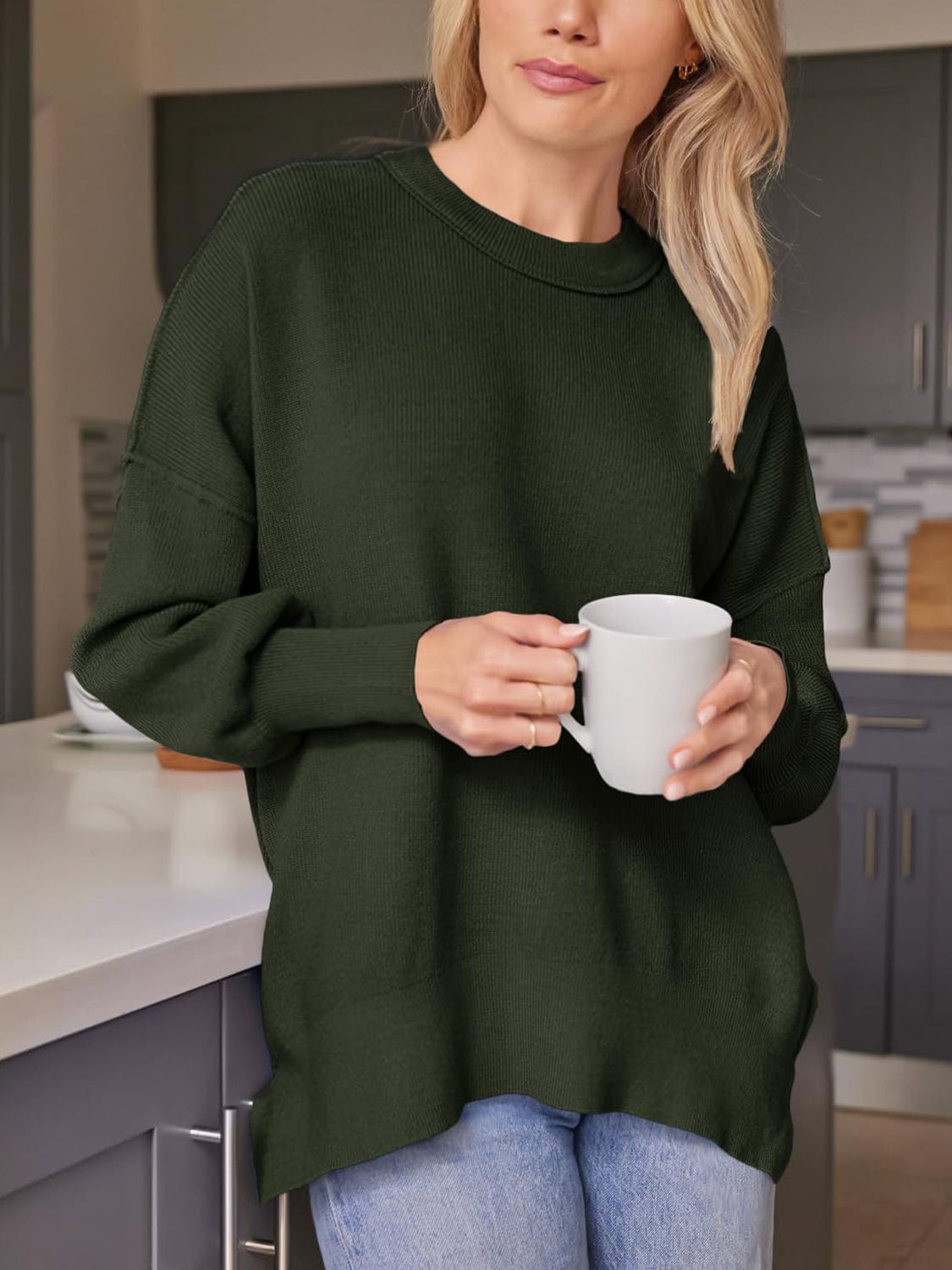 Dark Slate Gray Slit Round Neck Dropped Shoulder Sweater