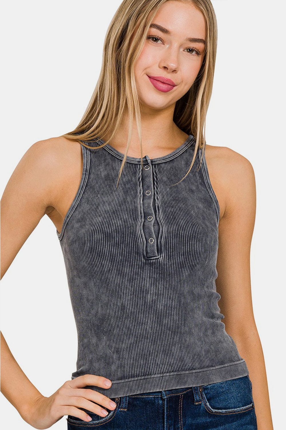 Dark Slate Gray Zenana Washed Ribbed Half Snap Seamless Tank