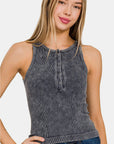 Dark Slate Gray Zenana Washed Ribbed Half Snap Seamless Tank