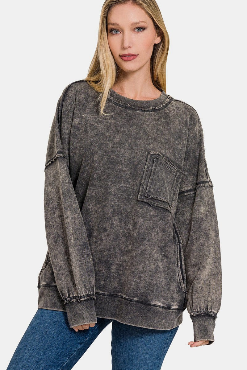 Dim Gray Zenana Exposed Seam Round Neck Dropped Shoulder Sweatshirt