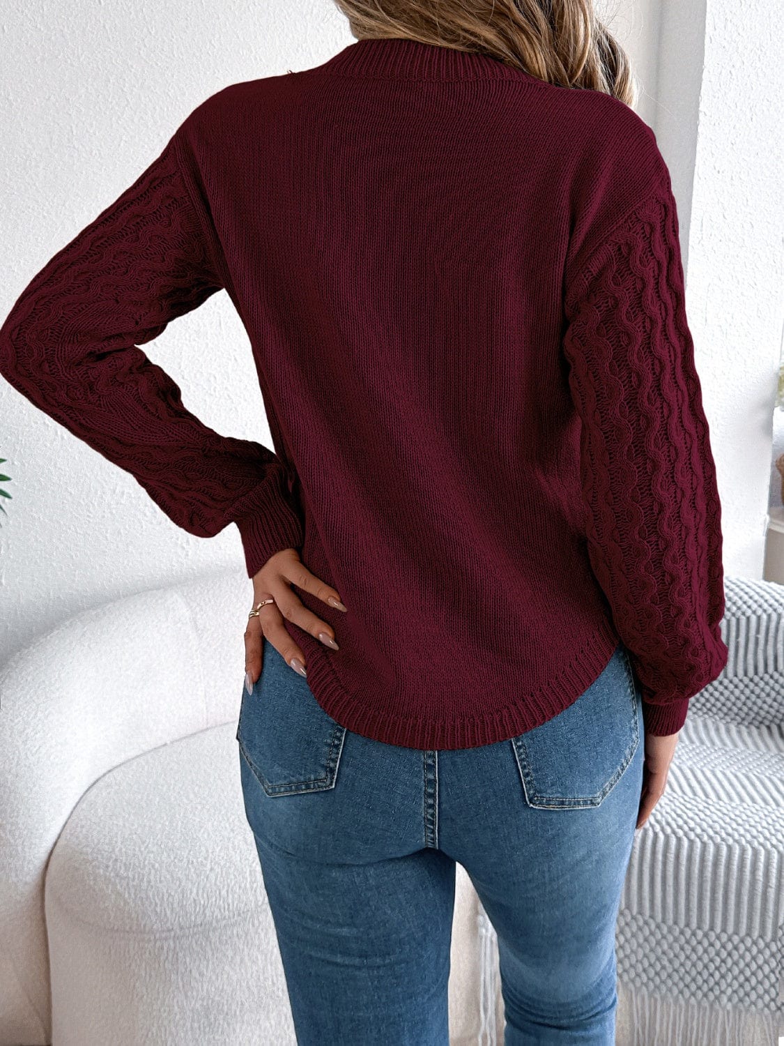 Asymmetric Hem Round Neck Long Sleeve Sweater