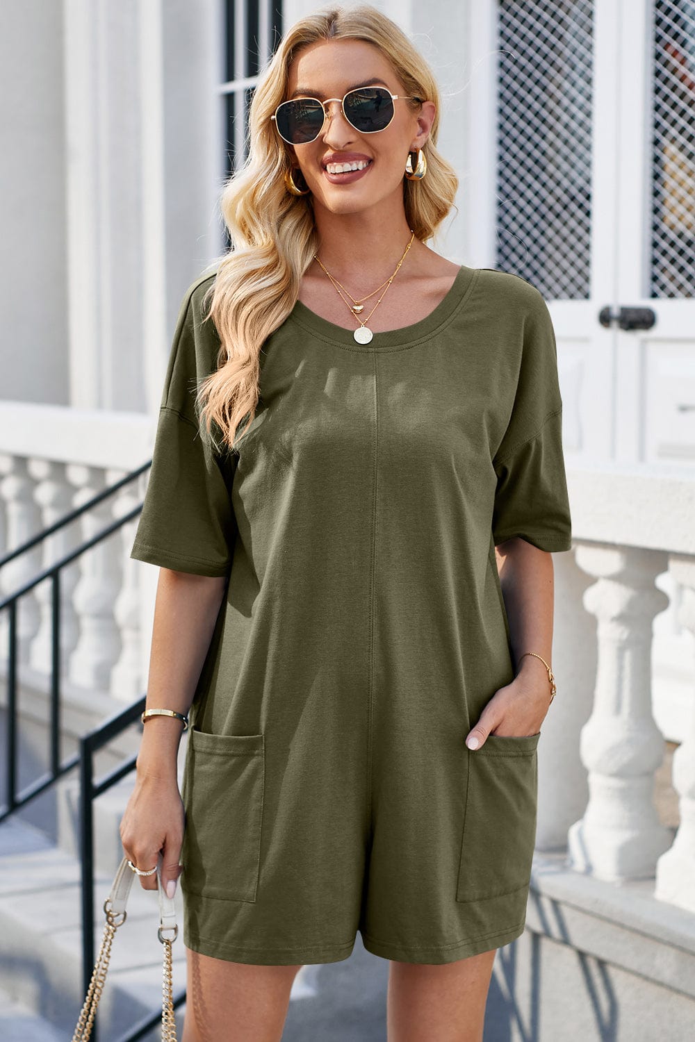 Gray Backless Round Neck Half Sleeve Romper