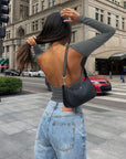 Backless Round Neck Long Sleeve Blouse