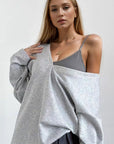 Basic Bae V-Neck Dropped Shoulder Long Sleeve Sweatshirt with Bra