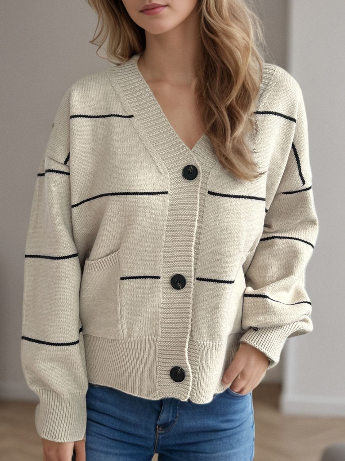 Striped Button Down V-Neck Long Sleeve Cardigan