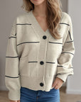 Striped Button Down V-Neck Long Sleeve Cardigan