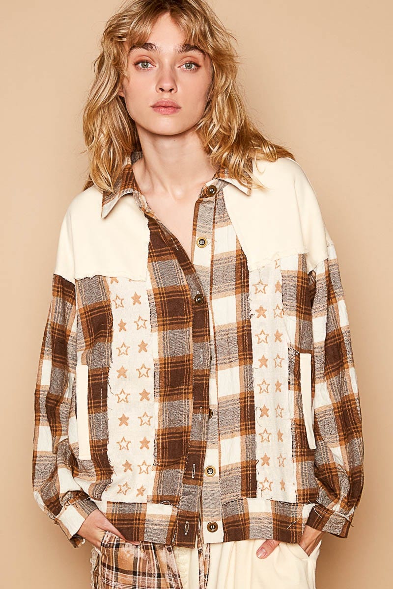 POL Plaid &amp; Star Patchwork Contrast Long Sleeve Shacket