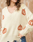 Raw Hem Pumpkin V-Neck Long Sleeve Sweater