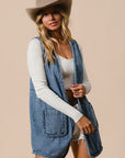 BiBi Braided Trim Open Front Denim Vest with Pockets