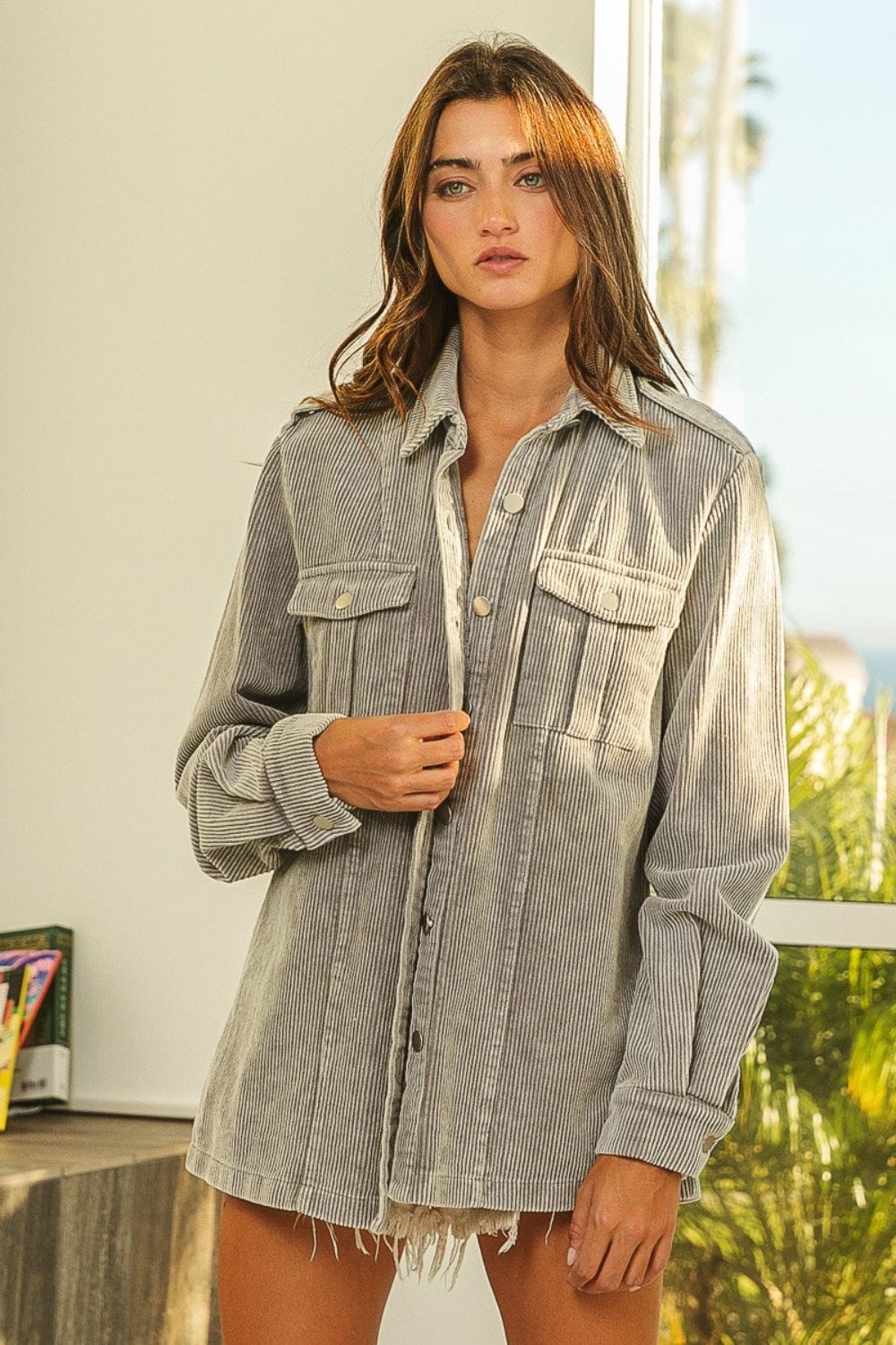 Light Gray BiBi Button Up Corduroy Shacket