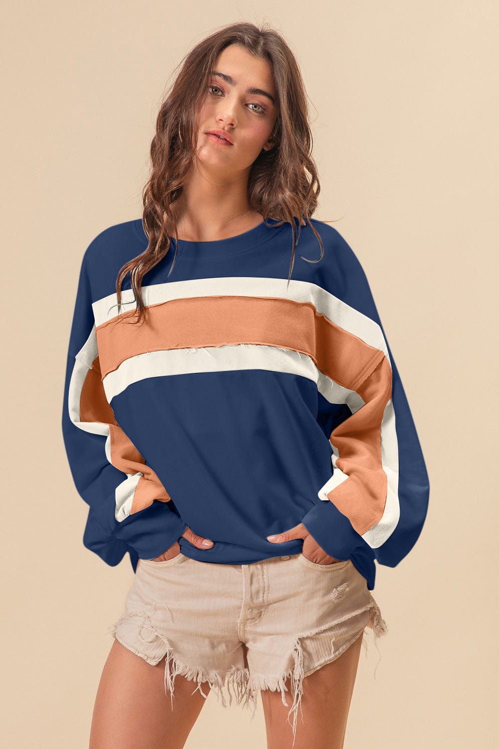 Wheat BiBi French Terry Color Block Cut Edge Detail Sweatshirt