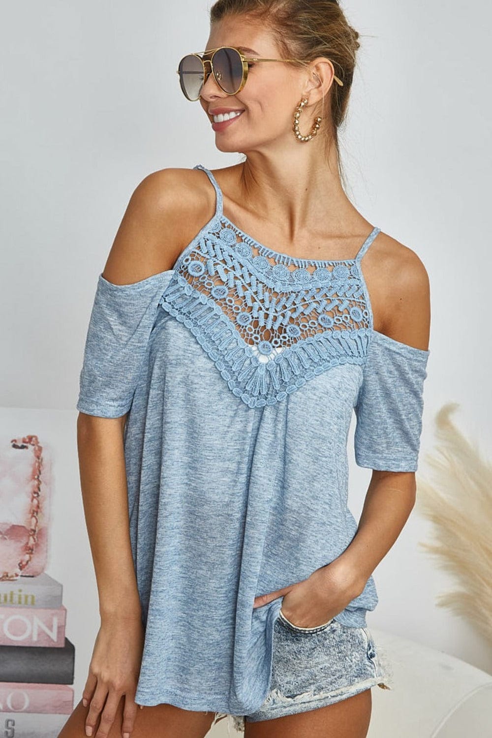 Gray BiBi Front Crochet Lace Adjustable Strap Top