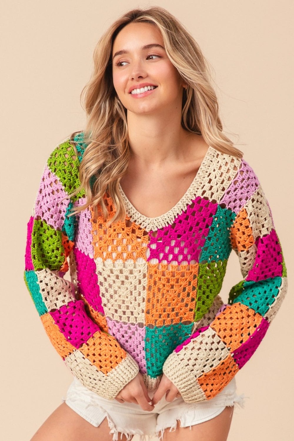 Wheat BiBi Multi Color Checkered Long Sleeve Knit Top