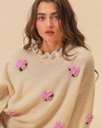 BiBi Ruffled Crochet Flower Dropped Shoulder Sweater