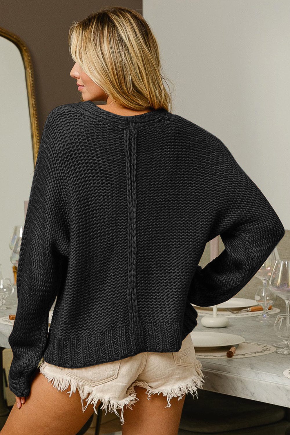 Dark Gray BiBi V-Neck Cable Knit Sweater