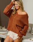 Saddle Brown BiBi V-Neck Cable Knit Sweater