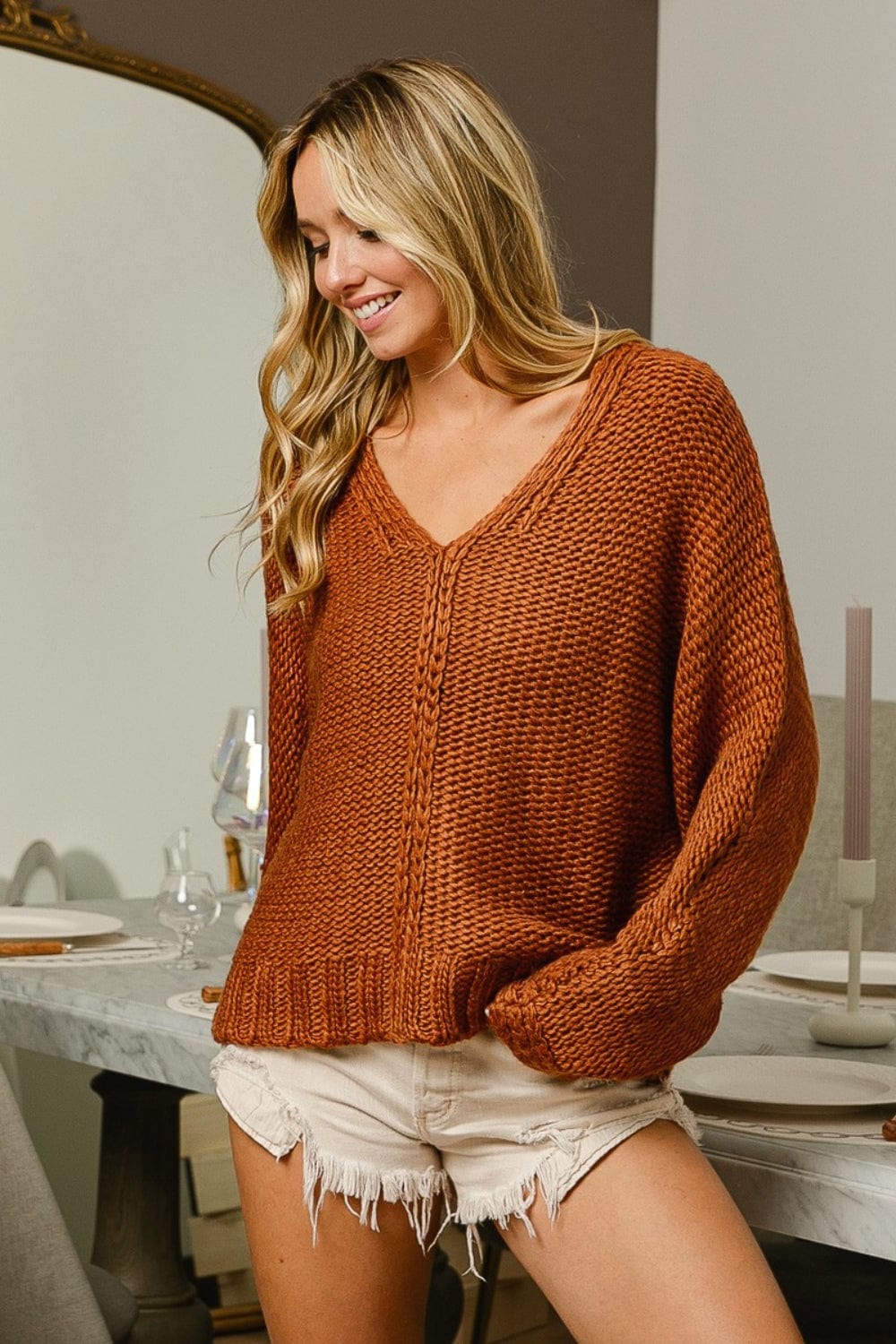 Rosy Brown BiBi V-Neck Cable Knit Sweater