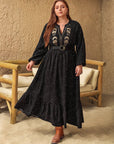 Plus Size Embroidered Polka Dot Notched Long Sleeve Dress