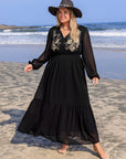 Plus Size Embroidered Tie Neck Long Sleeve Dress