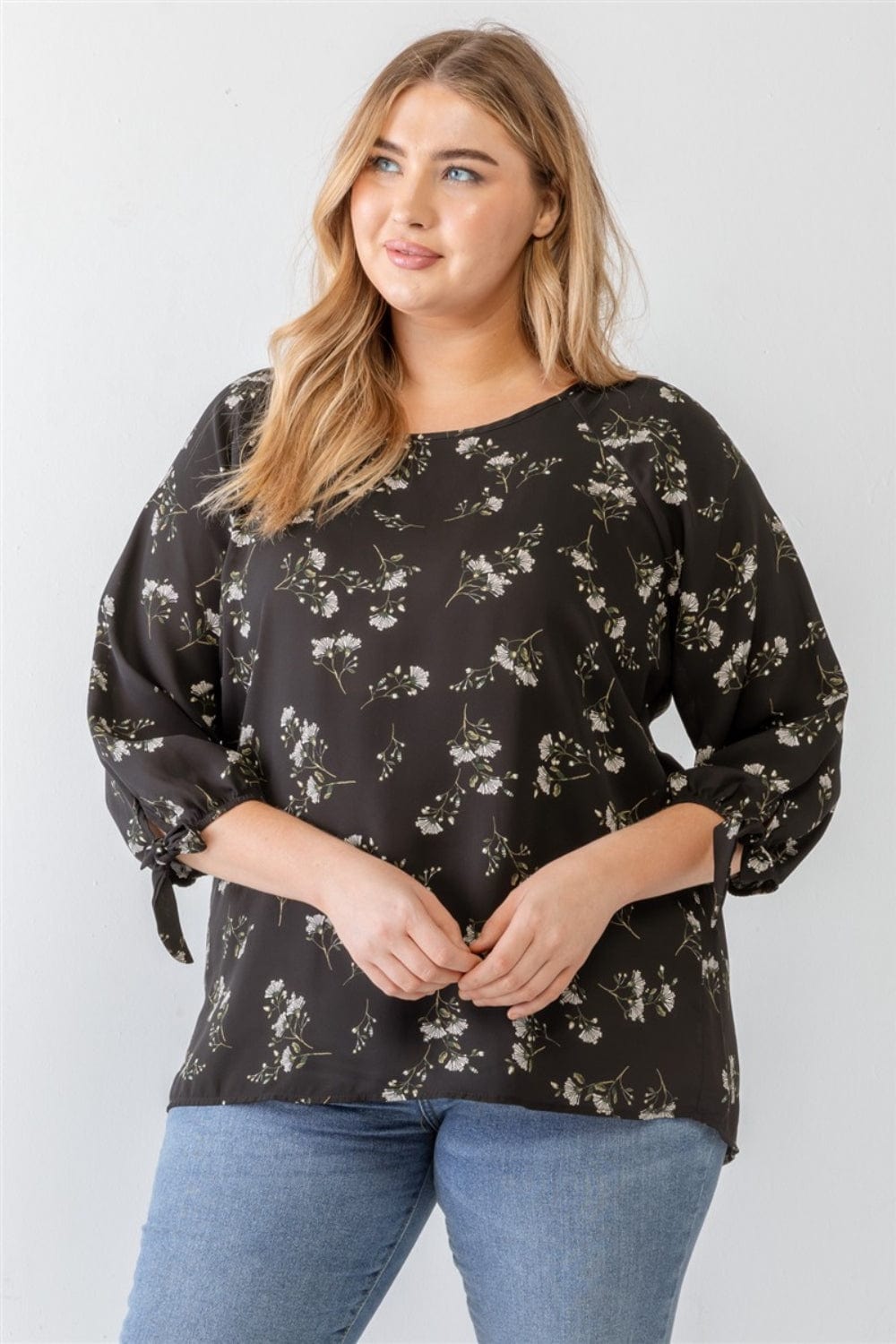 Dark Slate Gray Zenobia Plus Size Floral Round Neck Blouse