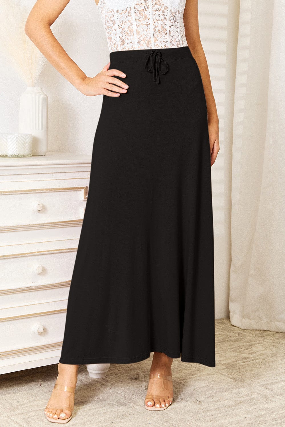 Black Double Take Full Size Soft Rayon Drawstring Waist Maxi Skirt Rayon