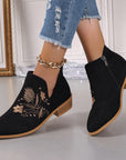 Embroidered Suede Point Toe Block Heel Boots