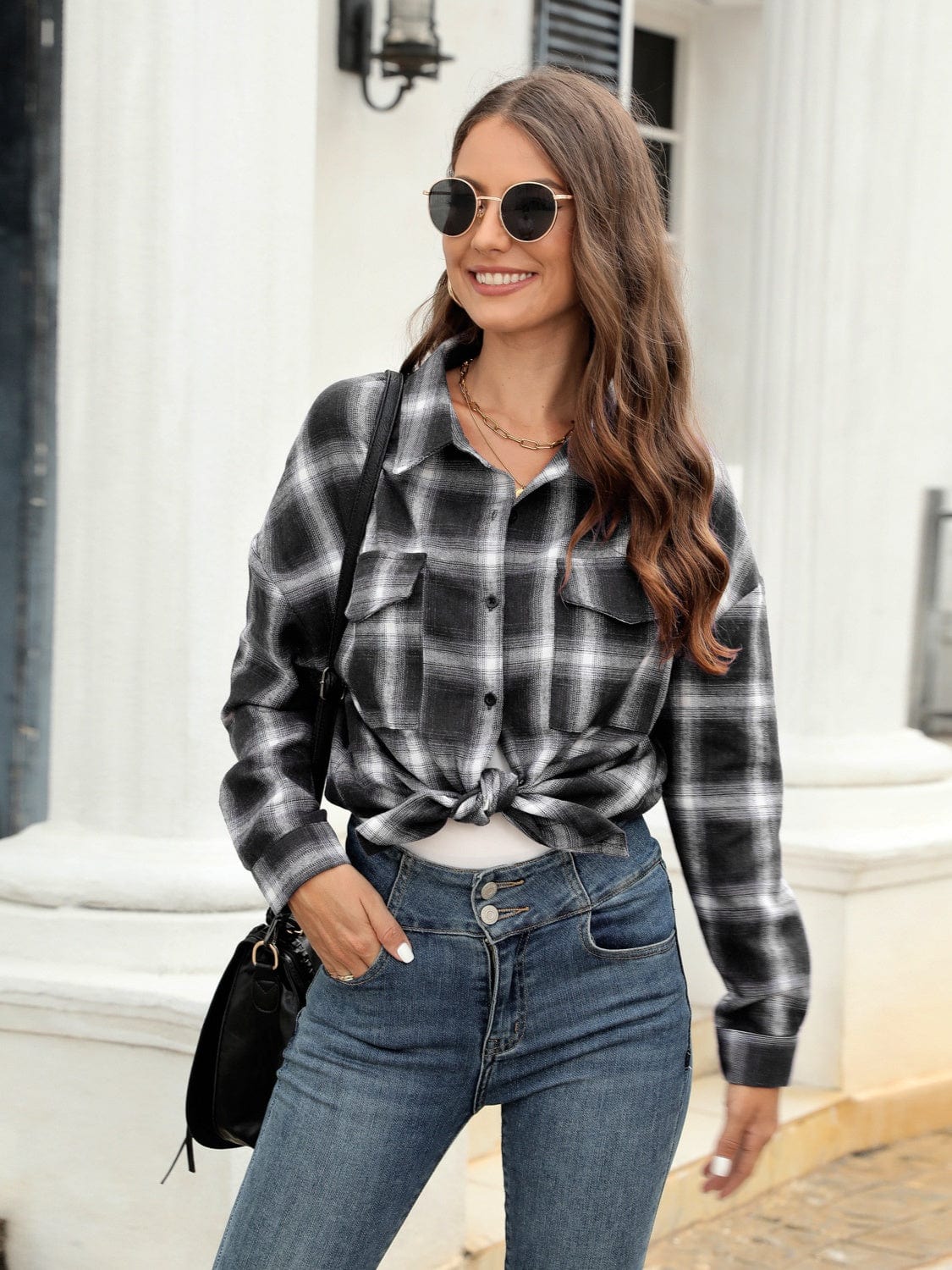 Dark Slate Gray Plaid Button Up Pocketed Shirt