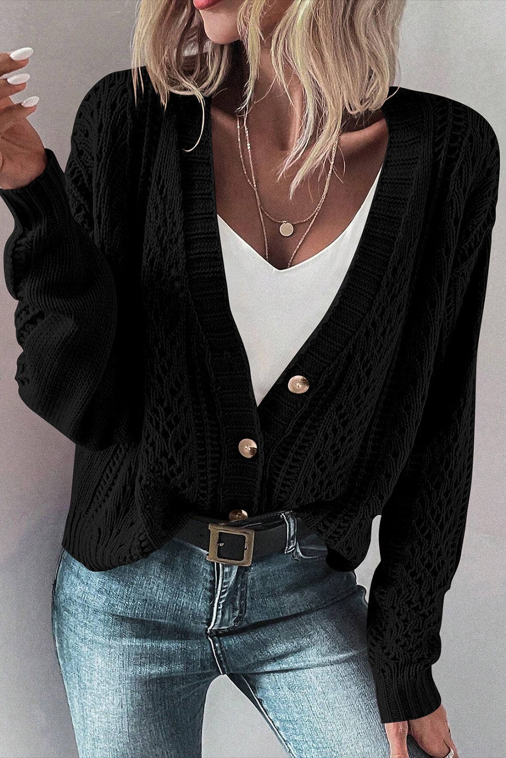 Dark Gray Openwork Button Up Long Sleeve Cardigan