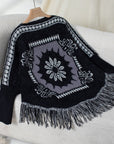 Fringe Geometric Long Sleeve Poncho