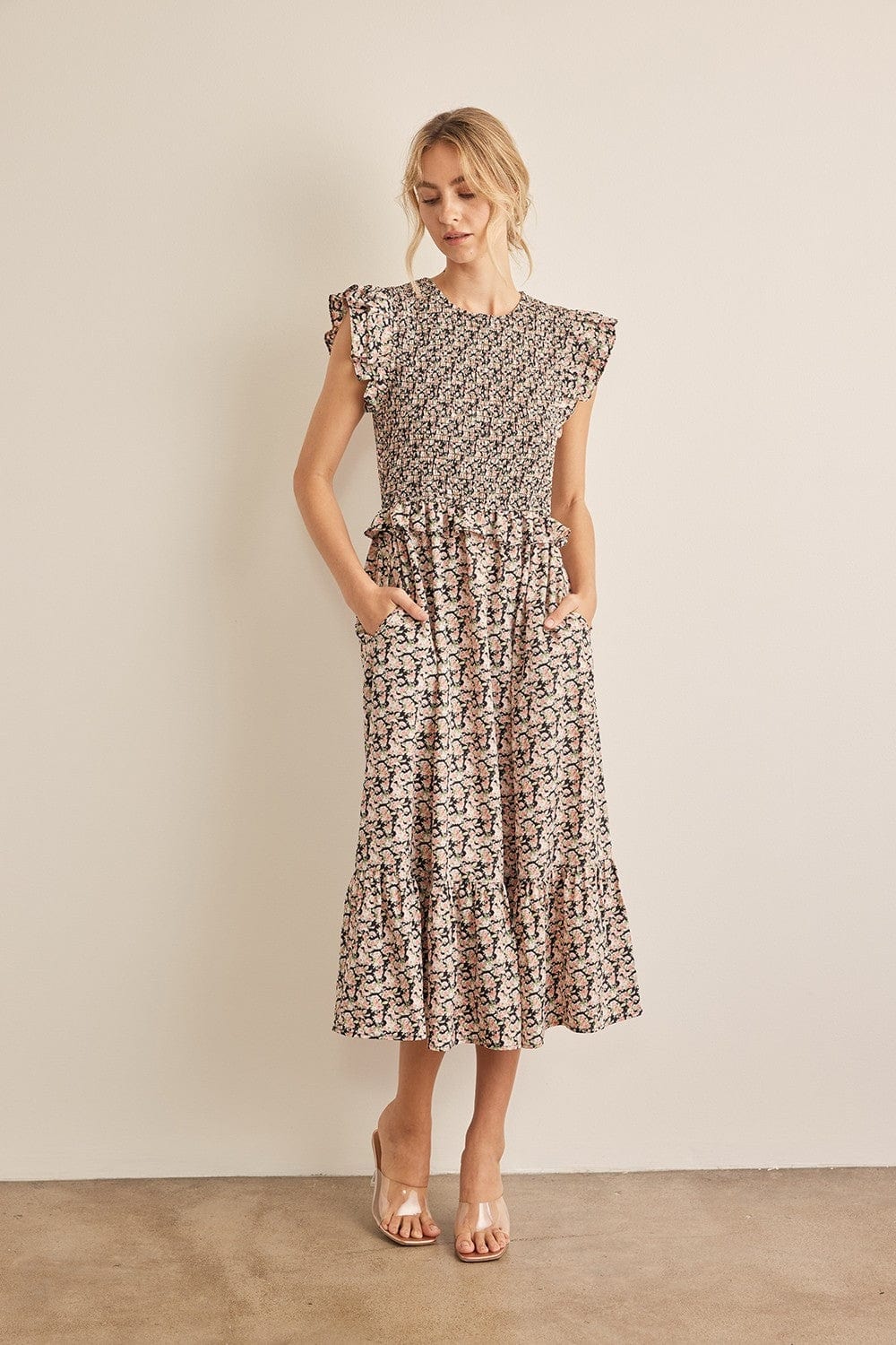 Light Gray In February Floral Smocked Ruffled Midi Dress