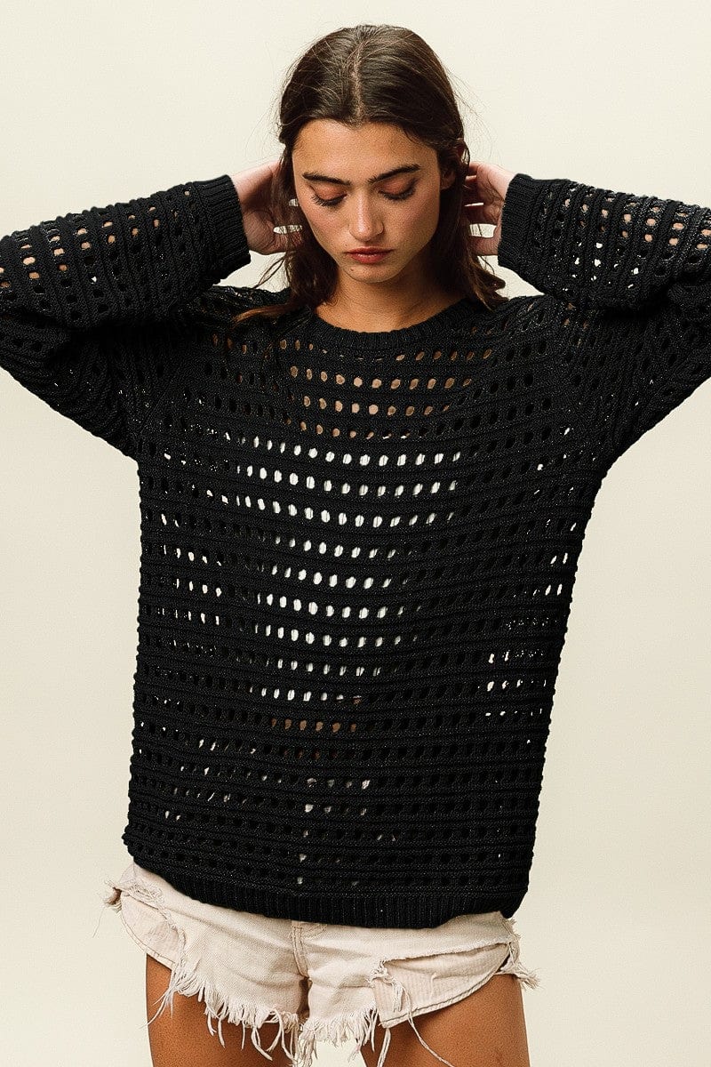 Black BiBi Round Neck Openwork Knit Cover Up