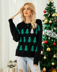 Christmas Tree Round Neck Ribbed Trim Sweater