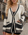 Rosy Brown Contrast Button Up Long Sleeve Cardigan